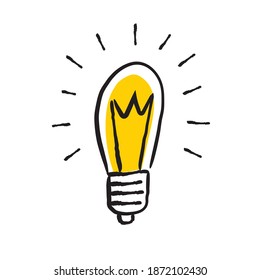 Ilustración del doodle de la bombilla brillante. Lámpara eléctrica brillante dibujada a mano. Símbolo de idea y solución. 