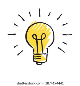 Ilustración del doodle de la bombilla brillante. Lámpara eléctrica brillante dibujada a mano. Símbolo de idea y solución. 
