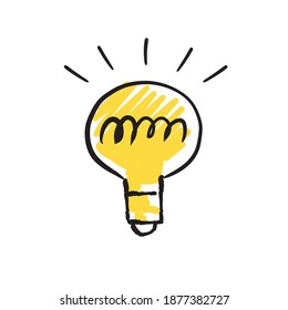 Shining light bulb doodle illustration. Hand drawn bright electric lamp. Symbol of idea and solution. 
