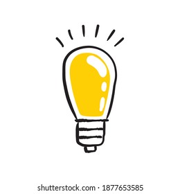 Shining light bulb doodle illustration. Hand drawn bright electric lamp. Symbol of idea and solution. 