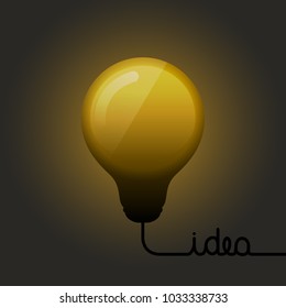 Shining light bulb. Energy and idea symbol. Wire forming to text idea. Vector.