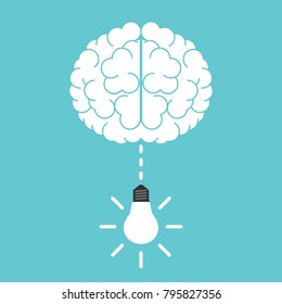 Shining light bulb falling or hanging from white brain on turquoise blue. Inspiration, innovation, intelligence and idea concept. Flat design. Vector illustration, no transparency, no gradients