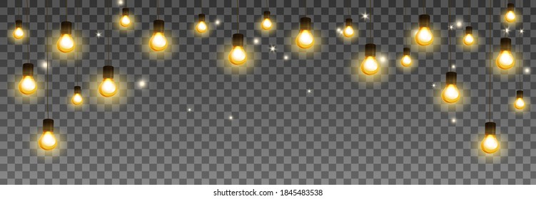 Shining light bulb garland, isolated vector decoration. String of golden Christmas lights. Illuminated holiday border, lamps frame. For wedding or birthday cards, New Year banners, party posters.