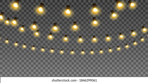 Shining light bulb garland, isolated vector decoration. String of golden Christmas lights. Illuminated holiday border, lamps frame. For wedding or birthday cards, New Year banners, party posters.