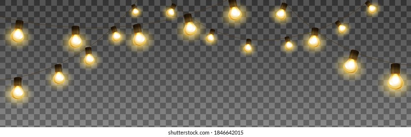 Shining Light Bulb Garland, Isolated Vector Decoration. String Of Golden Christmas Lights. Illuminated Holiday Border, Lamps Frame. For Wedding Or Birthday Cards, New Year Banners, Party Posters.