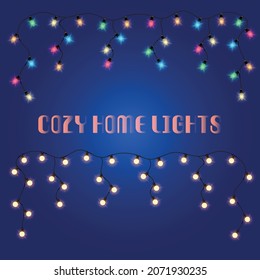 Shining light bulb garland, isolated vector decoration. String of golden and colored Christmas lights. Illuminated holiday border, lamps frame. Flat vector ilustration