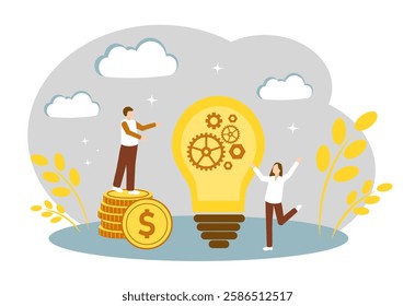 A shining light bulb with gears. The concept of an innovative idea, inspiration, a new business idea and solving financial problems.