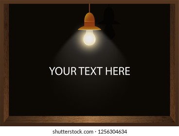 Shining light bulb hanging in wooden frame on dark background, vector illustration