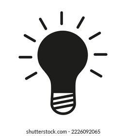 Shining light bulb. Idea sign, solution, thinking concept. Isolated web icon. Logo design. Flat vector illustration in black and white. 