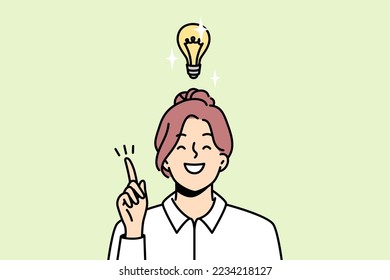 Shining light bulb over head of smiling girl. Woman with index finger up found solution to problem, startup concept. Businesswoman came up with brilliant idea, innovation. Vector graphics in color.