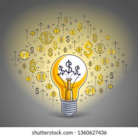 Shining light bulb and set of dollar icons, business idea creative concept, e-commerce allegory, internet business, marketplace or online shop, vector illustration.