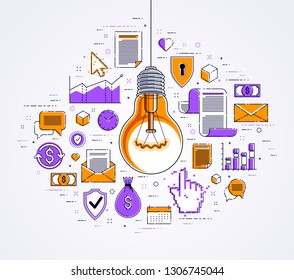 Shining light bulb and set of icons, business idea creative concept, e-commerce allegory, internet business, marketplace or online shop, vector illustration.