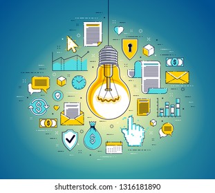 Shining light bulb and set of icons, business idea creative concept, e-commerce allegory, internet business, marketplace or online shop, vector illustration.