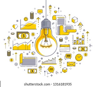 Shining light bulb and set of icons, business idea creative concept, e-commerce allegory, internet business, marketplace or online shop, vector illustration.