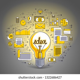 Bombilla brillante y conjunto de iconos, concepto creativo de idea de negocio, alegoría de comercio electrónico, negocio de Internet, mercado o tienda en línea, Ilustración vectorial.