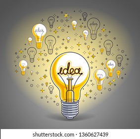 Shining light bulb and set of icons, business idea creative concept, e-commerce allegory, internet business, marketplace or online shop, vector illustration.