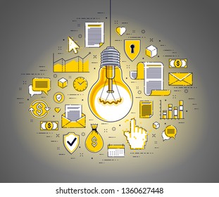 Shining light bulb and set of icons, business idea creative concept, e-commerce allegory, internet business, marketplace or online shop, vector illustration.