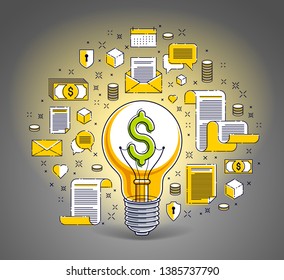 Shining light bulb and set of icons, business idea creative concept, e-commerce allegory, internet business, marketplace or online shop, vector illustration.