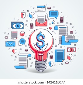 Shining light bulb and set of icons, business idea creative concept, e-commerce allegory, internet business, marketplace or online shop, vector illustration.