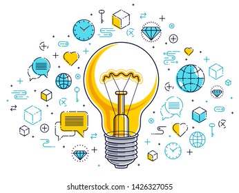 Shining light bulb and set of icons, business idea creative concept, e-commerce allegory, internet business, marketplace or online shop, vector illustration.