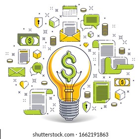 Luminoso bombilla y conjunto de íconos, concepto creativo de idea de negocio, alegoría de comercio electrónico, negocios de internet, mercado o tienda en línea, ilustración vectorial.
