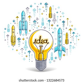 Shining light bulb and set of launching rockets, startup ideas creative concept, e-commerce allegory, new business, marketplace or online shop, vector illustration.