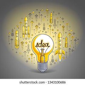 Shining light bulb and set of launching rockets, startup ideas creative concept, e-commerce allegory, new business, marketplace or online shop, vector illustration.