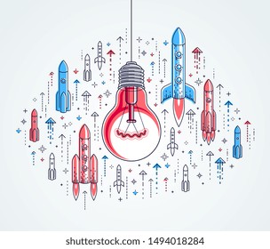 Shining light bulb and set of launching rockets, startup ideas creative concept, e-commerce allegory, new business, marketplace or online shop, vector illustration.