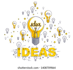Shining light bulb and set of lightbulb icons, ideas creative concept, brainstorm allegory, vector illustration.