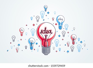 Shining light bulb and set of lightbulb icons, ideas creative concept, brainstorm allegory, vector illustration.