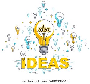 Shining light bulb and set of lightbulb icons, ideas creative concept, brainstorm allegory, vector illustration.