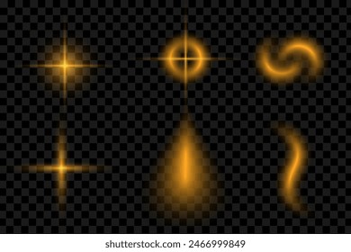 La luz brillante estalló con destellos. Una colección de efectos de luz, destellos de lentes, explosiones, destellos, líneas, destellos solares, chispas y estrellas. Vector