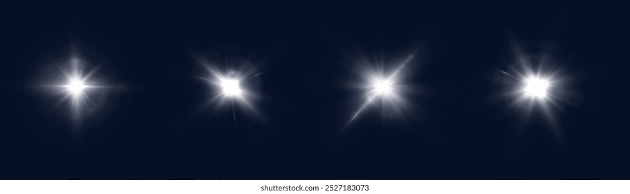 Efeito de luz brilhante. Exacerbação da lente de luz. Efeito de brilho. Estrelas explodem com destaques cintilantes. Vetor 10 EPS