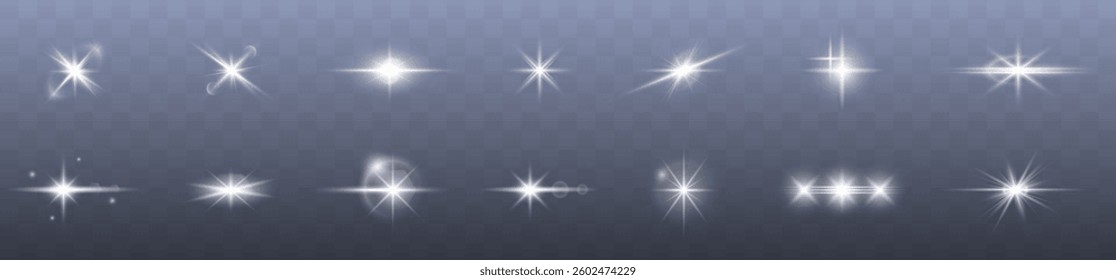 shining light effect with sparkles, glowing stars, and lens flares. Perfect for sunlight visuals, festive decorations, magical backgrounds, and vibrant Christmas or party designs. Vector illustration