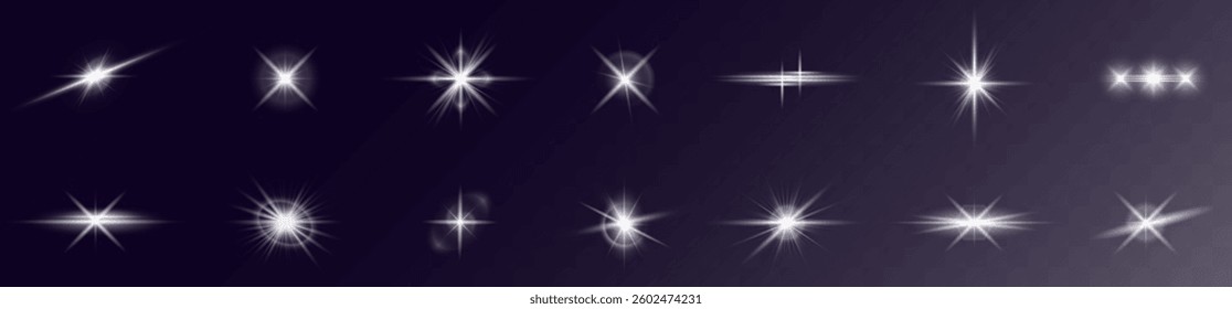 shining light effect with sparkles, glowing stars, and lens flares. Perfect for sunlight visuals, festive decorations, magical backgrounds, and vibrant Christmas or party designs. Vector illustration