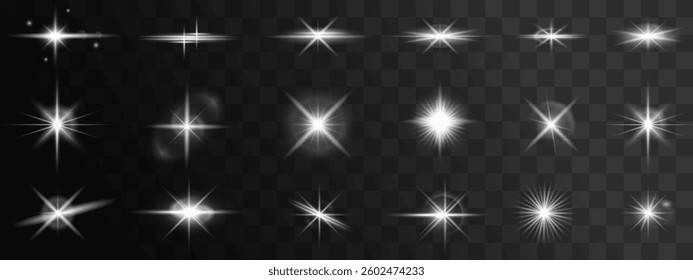 shining light effect with sparkles, glowing stars, and lens flares. Perfect for sunlight visuals, festive decorations, magical backgrounds, and vibrant Christmas or party designs. Vector illustration