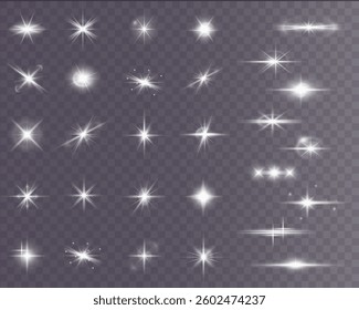 shining light effect with sparkles, glowing stars, and lens flares. Perfect for sunlight visuals, festive decorations, magical backgrounds, and vibrant Christmas or party designs. Vector illustration