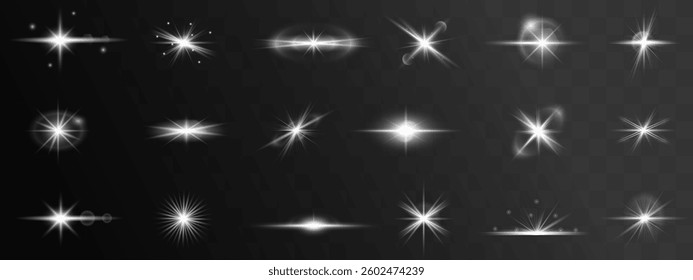 shining light effect with sparkles, glowing stars, and lens flares. Perfect for sunlight visuals, festive decorations, magical backgrounds, and vibrant Christmas or party designs. Vector illustration