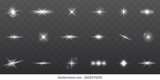 shining light effect with sparkles, glowing stars, and lens flares. Perfect for sunlight visuals, festive decorations, magical backgrounds, and vibrant Christmas or party designs. Vector illustration