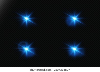 Shining light effects, flash of sparks and stars. On transparent background.