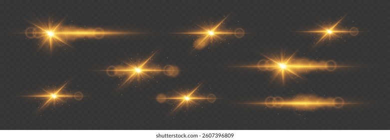 Shining light effects, flash of sparks and stars. On transparent background.