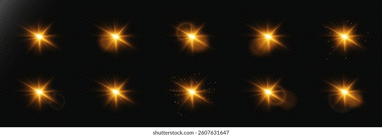 Shining light effects, flash of sparks and stars. On transparent background.