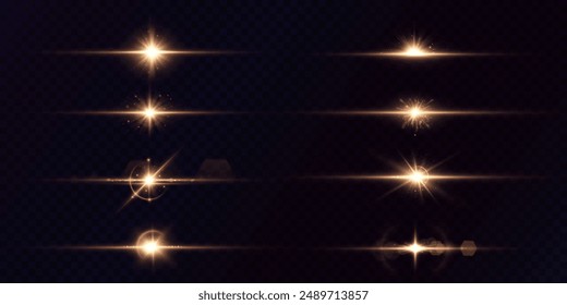 Shining light effects isolated on dark background, glare, lines, golden light particles. Set of vector stars. 