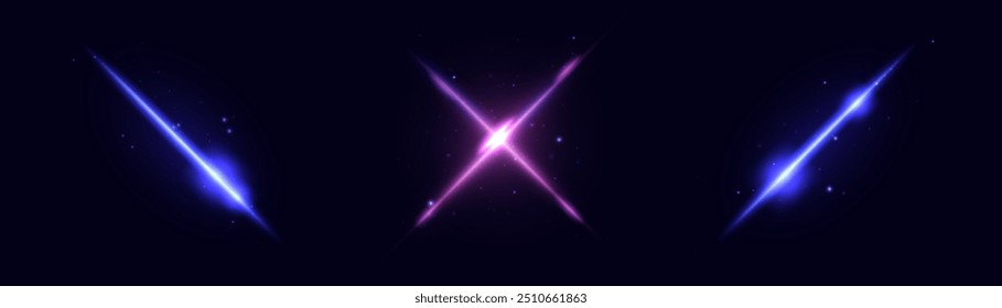 Shining light effects isolated on dark background, glare, lines, golden light particles. Set of vector stars.