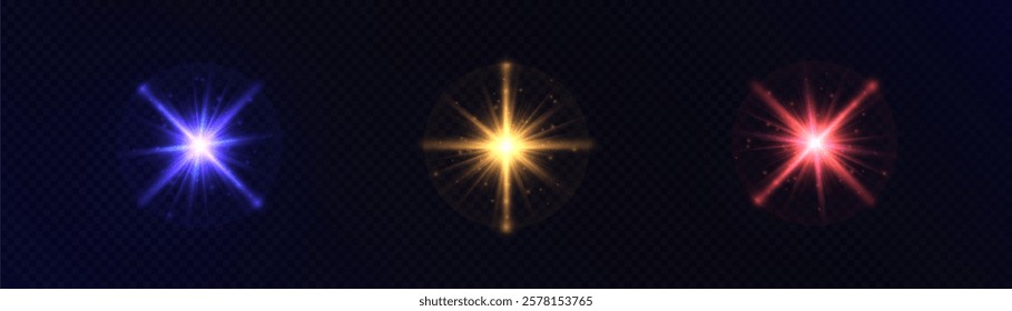 Shining light effects isolated on dark background, glare, lines, golden light particles. Set of vector stars.