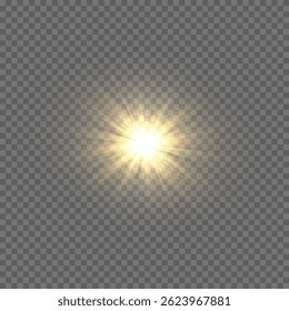 Shining Light Flash Collection. Golden Glow with Sparkles and Star Flares. Sunlight Explosion, Lens Flare, Glitter Dust, and Bokeh Sparkling Light Effect Isolated on Transparent Background