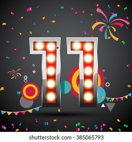 shining light up lamp alphabet in Colorful 11 date celebration background with confetti. Vector Illustration.