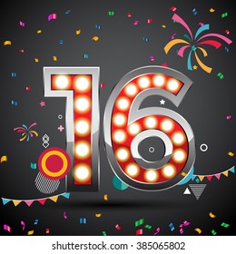 shining light up lamp alphabet in Colorful 16 date celebration background with confetti. Vector Illustration.
