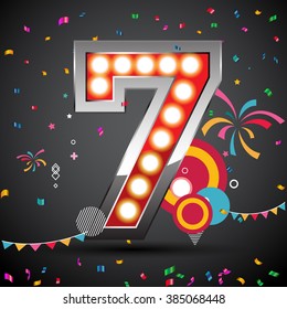 shining light up lamp alphabet in Colorful 7 date celebration background with confetti. Vector Illustration.