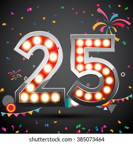 shining light up lamp alphabet in Colorful 25 date celebration background with confetti. Vector Illustration.